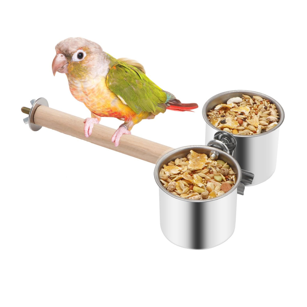 Bird Wood Stand Perch with Food Water Feeding Bowl for Parrot Parakeet Cockatiel Cage Accessories (A: Perch with 2 Feeder Cups)