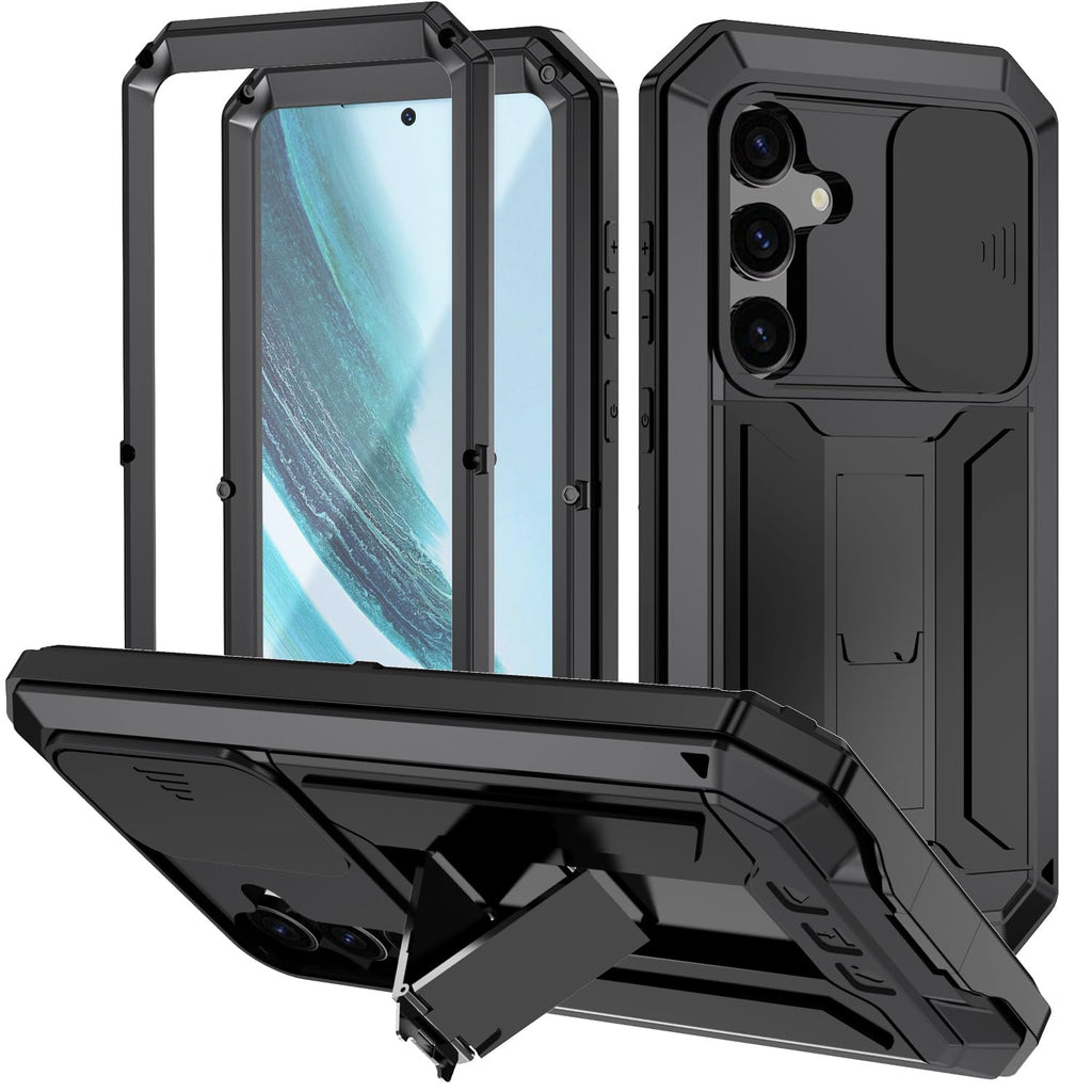 Miimall for Galaxy S24 Plus Metal Case S24 Plus Military Case with Built-in Screen Protector & Stand & Camera Slide Cover Anti-Drop Shockproof Heavy Duty Phone Covers for Galaxy S24 Plus Black