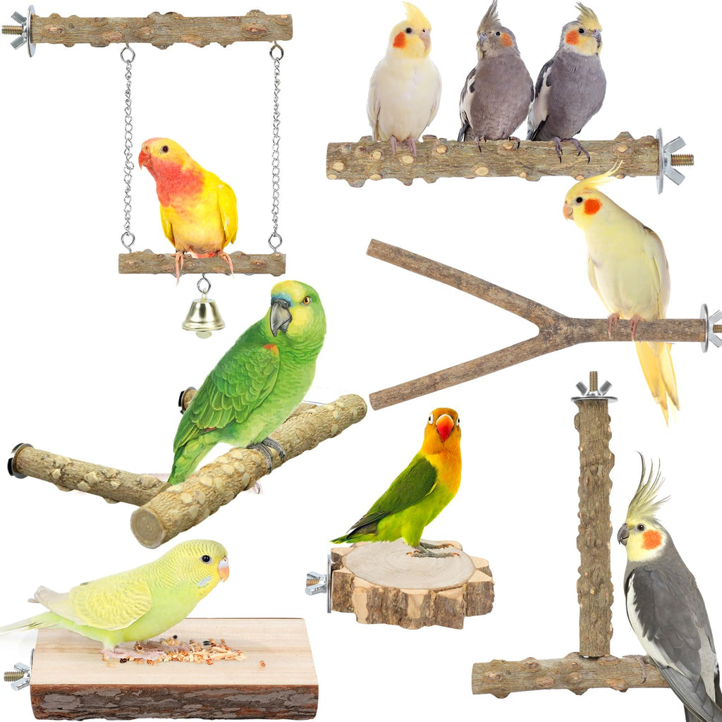 Bird Perches Stand Toy 7Pcs Natural Wood Parrot Stand Branch Paw Grinding Fork Set Parakeet Chewing Stick Exercise Training Platform Climbing Standing Branches for CockatielsSmall Birds