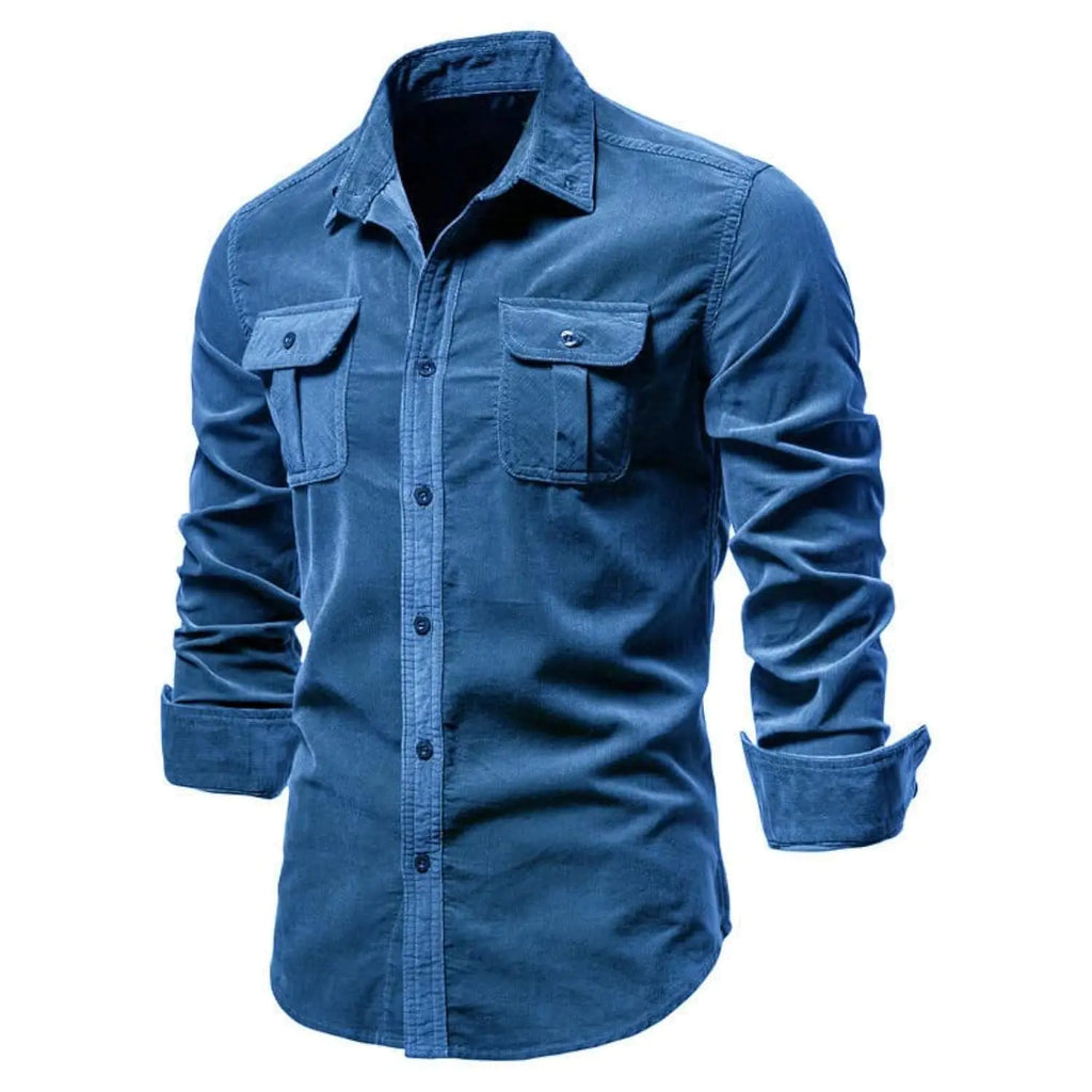 yoeasy Men Long Sleeve Ribbed Corduroy Button Down Shirt Cotton Stretch Casual Fall Tops Slim Fit Shirts (Small Blue)