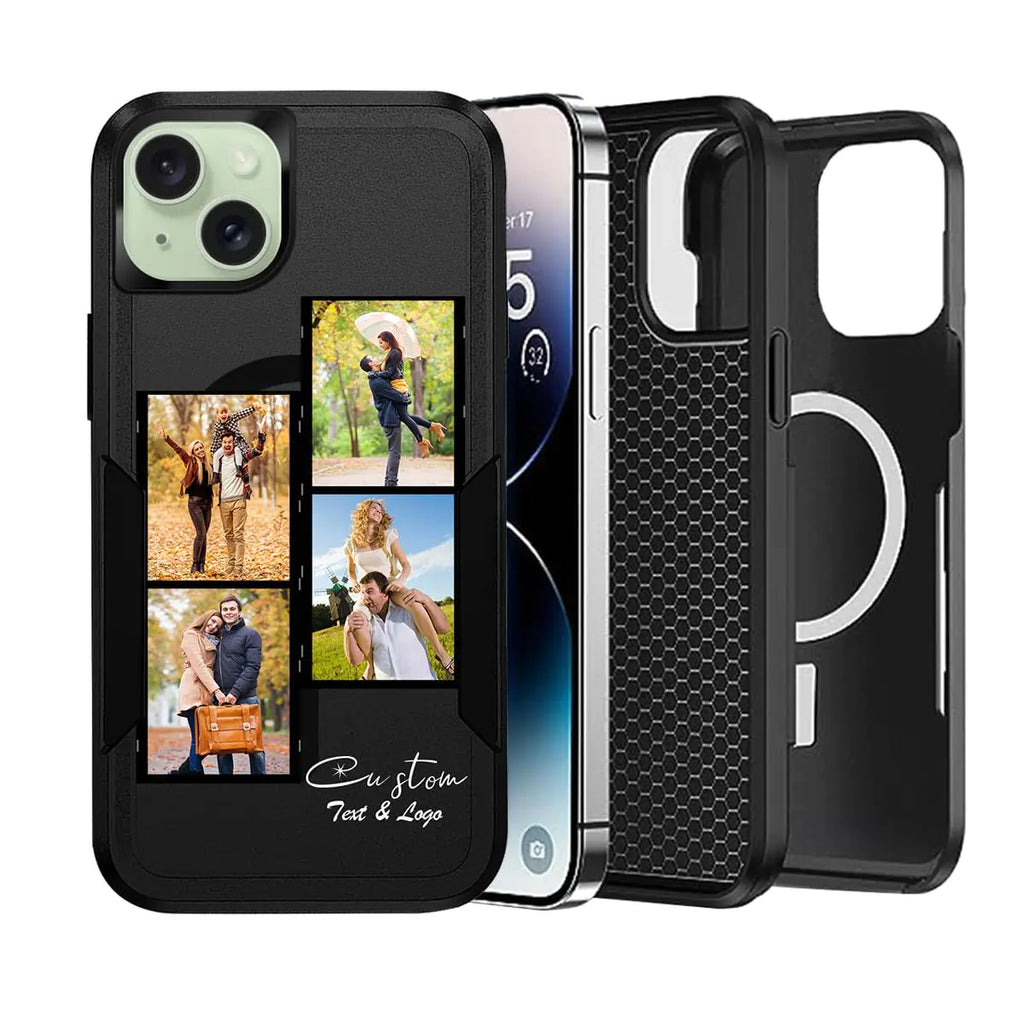 Gift Magnetic Phone Case Customizable for Apple iPhone 15 PlusCustom Personalized IP Fifteen with Magsafe Cover Photo Picture Image Logo Text Name DIY Design2 Dual Layers ShockproofBlack