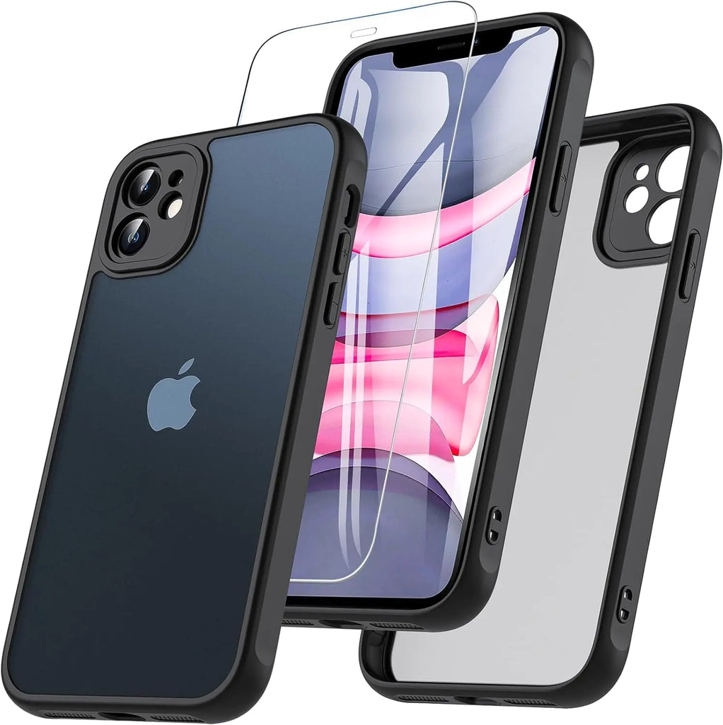 OWKEY for iPhone 11 Phone Case iPhone 11 Case 6.1" with Tempered Glass Screen Protector [Full Camera Protection] Shockproof Translucent Matte Slim Outdoor Protective Case for iPhone 11 Black