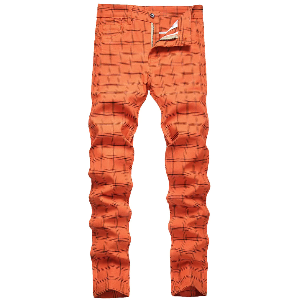 NOVOCCT Plaid Panst for Men - Skinny Mens Dress Pants - Stretch Slim Fit Business Casual Dress Chinos Pants for Men (Orange Plaid - T12 32)