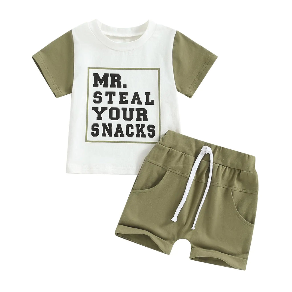 Toddler Baby Boy Summer Clothes Mr. Steal Your Snacks Short Sleeve T-Shirt Top Shorts 2Pcs Outfit (Army Green 12-18 Months) - My Store