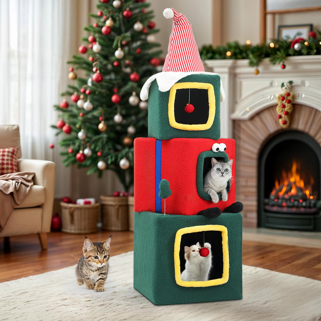 DWVO 3-Storey Cat House for Indoor Large Cats 60" Tall Cat Condo Pet Playhouse Beds with Hanging Ball Green Cat Tower Multi-Level Cat Tree Furniture for Cat Dog Ferret