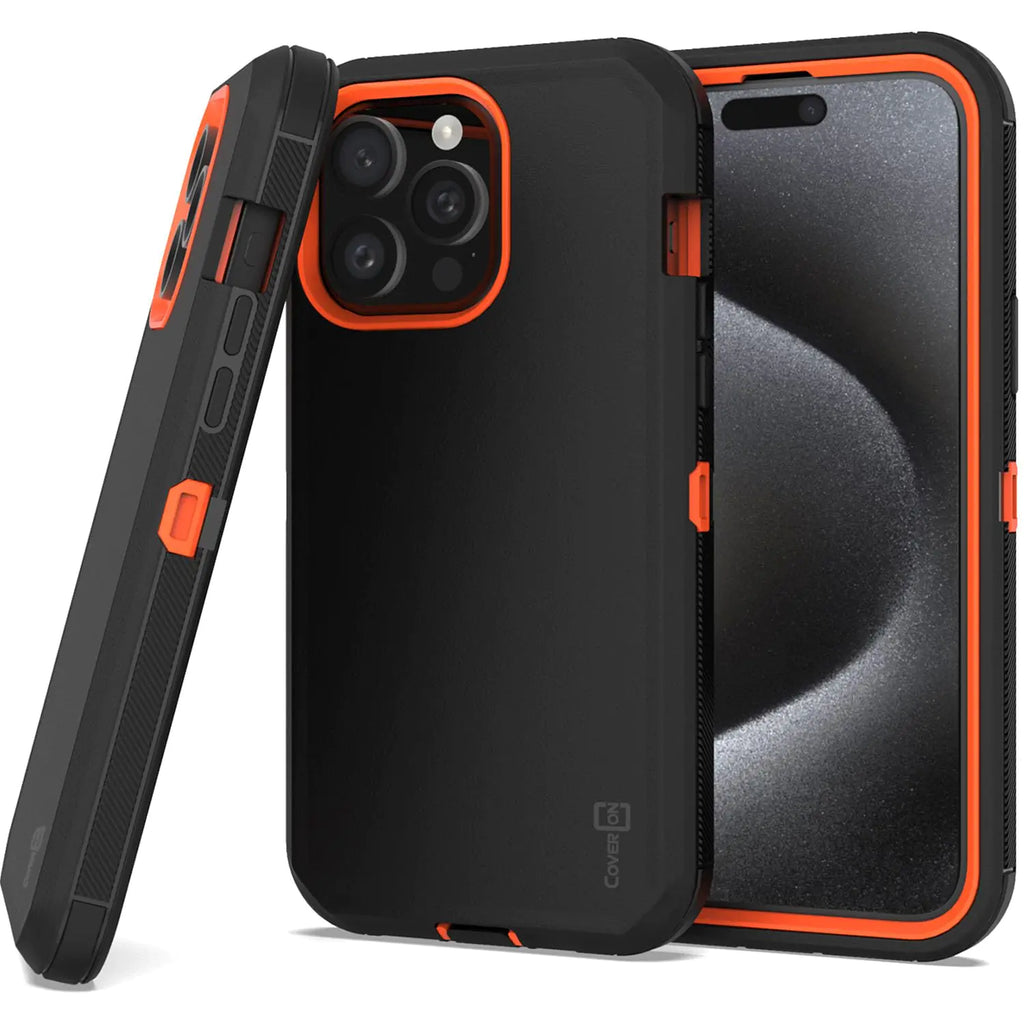 CoverON Rugged Designed for Apple iPhone 15 Pro Max Case Heavy Duty Military Grade A Etched Grip Bumper Protective Armor Hybrid Rigid Skin Cover Fit iPhone 15 Pro Max (6.7) Phone Case - Black/Orange