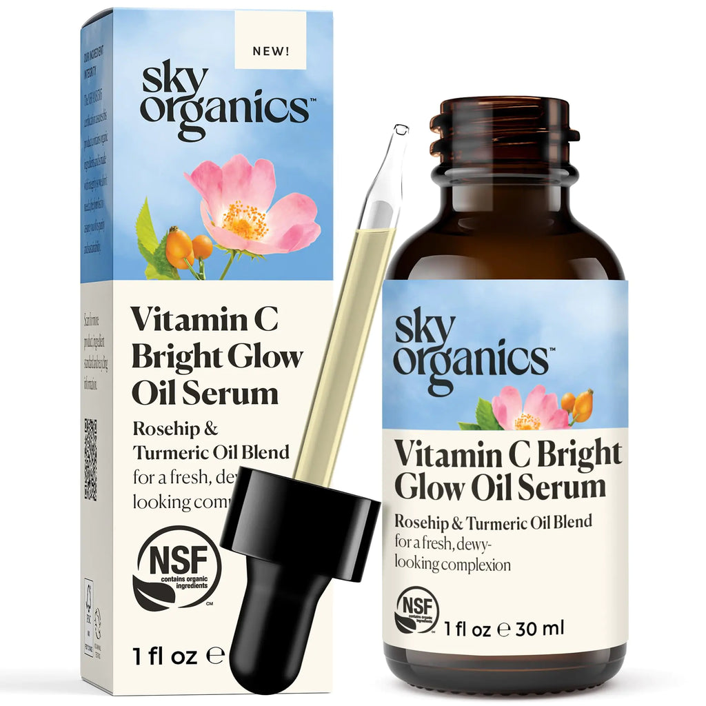 Sky Organics Bright Glow Face Serum Vitamin C Serum Rejuvenate Dull Skin Hydrating Promotes Brighter-looking Complexion Skin Care with Vitamin E Organic Jojoba Oil & Rosehip Oil 1 fl oz