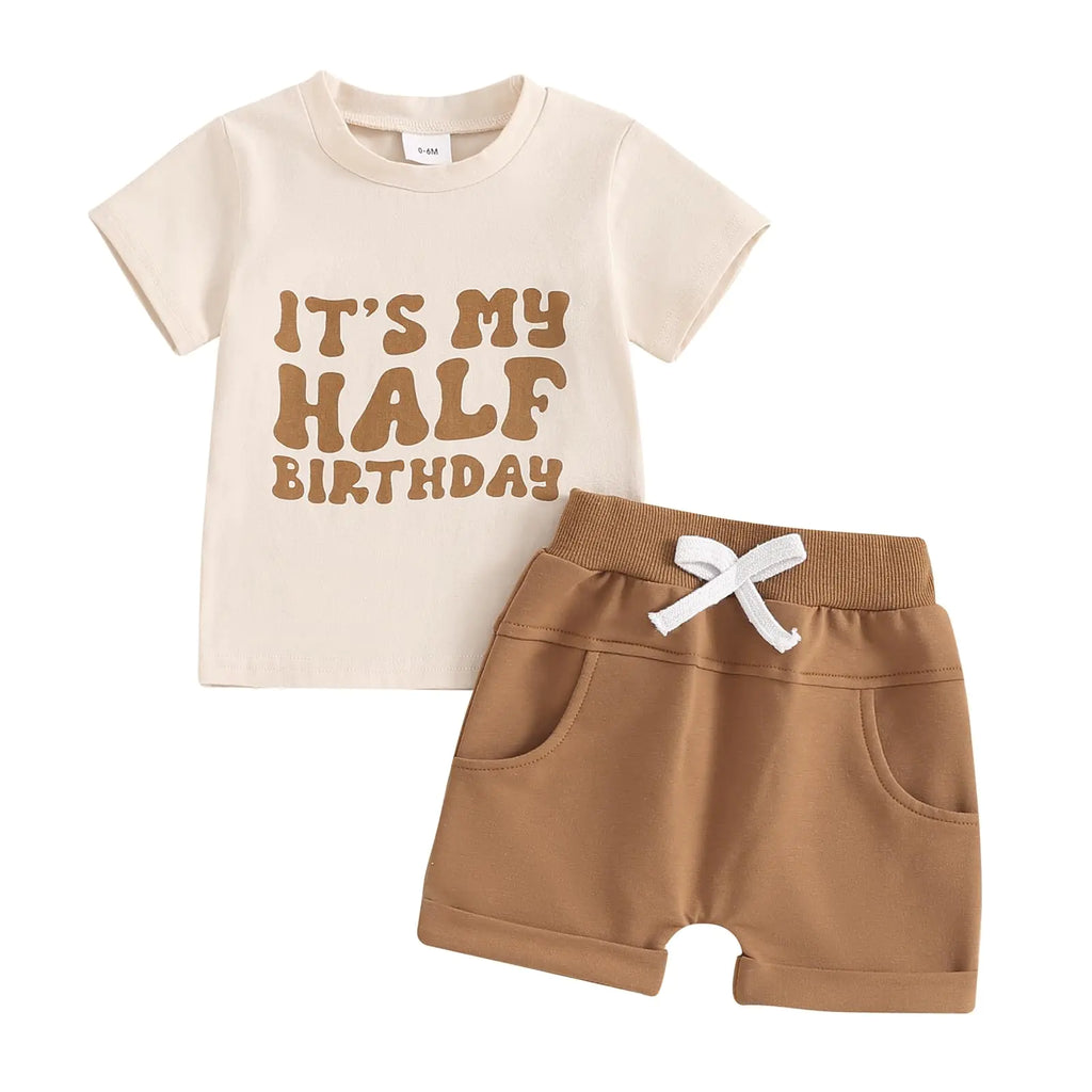 Kayotuas Toddler Baby Boy First Birthday Outfit Letter Print Short Sleeve T Shirt Top and Solid Shorts 2 Piece Summer Clothes (Its my Half Birthday Khaki 6-12 Months) - My Store