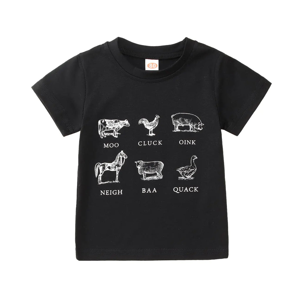 Toddler Baby Boys Girls Farm Shirt Cute Animals Graphic Short Sleeve T-Shirt Kids Funny Letter Print Summer Tee Tops(Black12-18Months(80)) - My Store