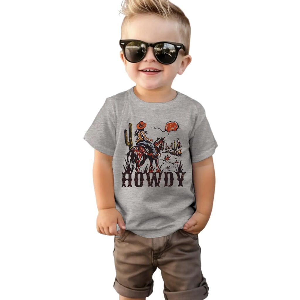 Ritatte Toddler Baby Boy Howdy Shirt Vintage Western Cowboy Graphic T-Shirt Country Short Sleeve Summer Cotton Tee Tops(Gray-129 100<3-4T>) - My Store