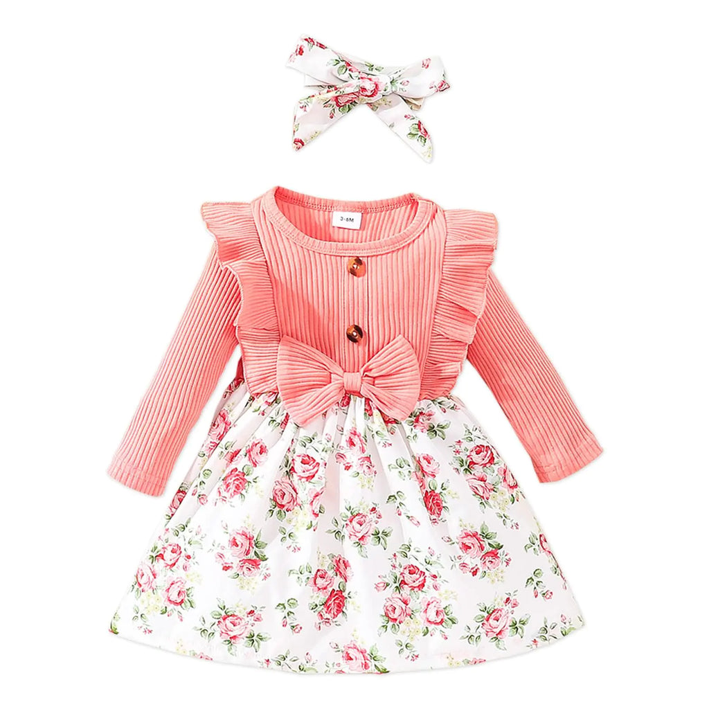 PATPAT Baby Girl 95% Cotton Ribbed Long-Sleeve Ruffle Bowknot Splicing Floral Print Dress with Headband Set Pink 6-9 Months