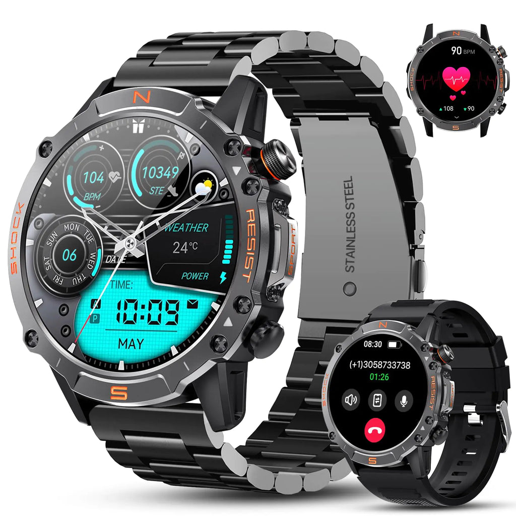 WalkerFit Smart Watch for Men- Answer/Dial Calls with 110 Sport ModelsIP68 Waterproof Fitness Watch with Heart Rate MonitorAndroid Smart Watch for iPhone Compatible 1.43" AMOLED Display Steel Band