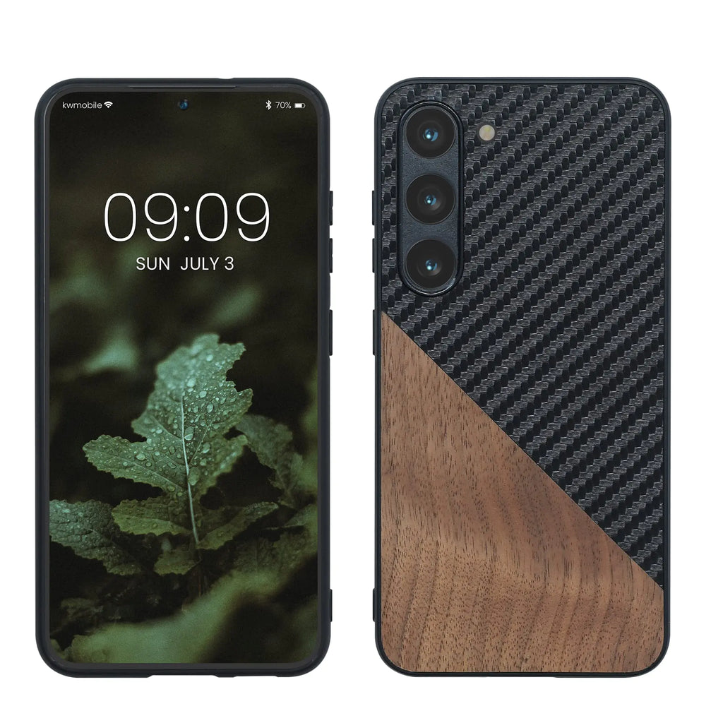 kwmobile Case Compatible with Samsung Galaxy S23 - Hard Phone Cover with TPU Bumper and Wood/Carbon Back - Dark Brown/Black