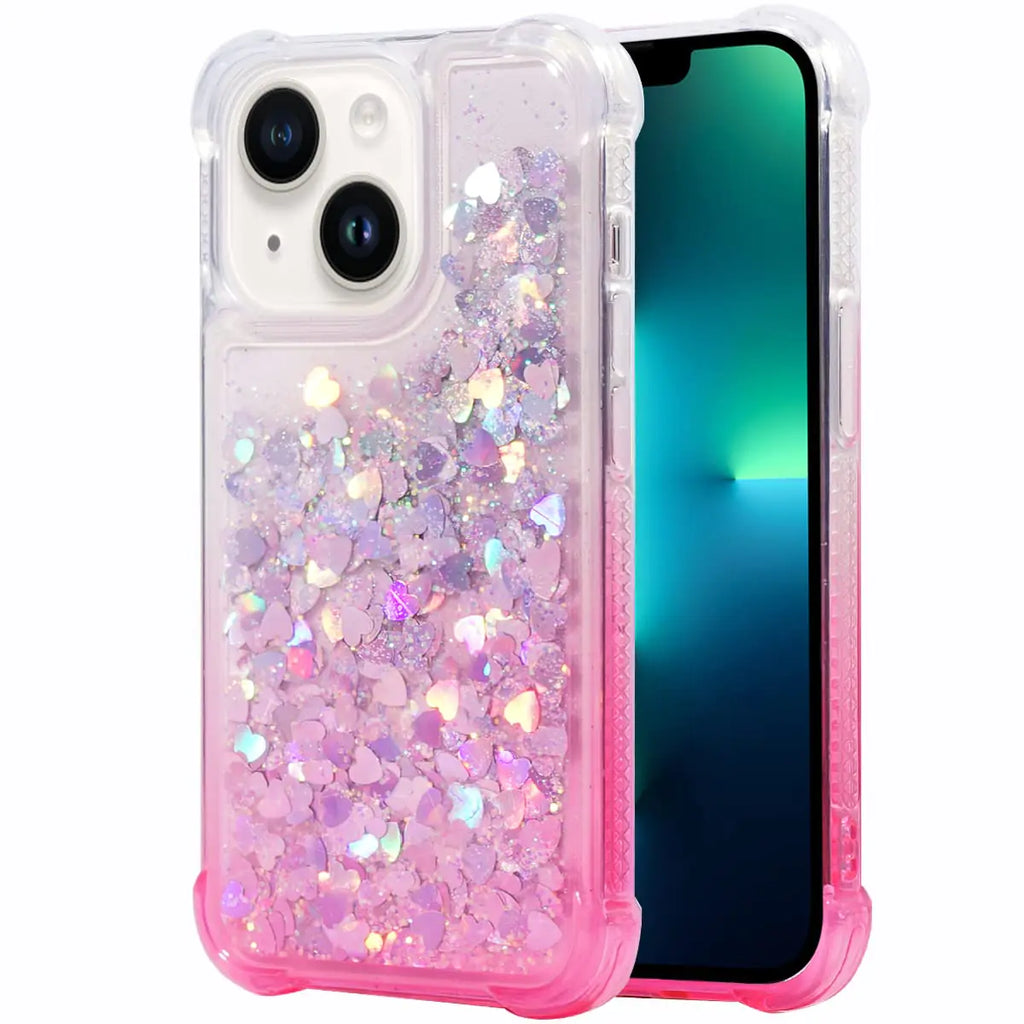 FLOCUTE Glitter Case Compatible with iPhone 14 Plus Glitter Case Gradient Bling Sparkle Floating Liquid Soft TPU Cushion Luxury Fashion Girly Women Cute Holiday Case for iPhone 14 Plus 6.7 (Pink)