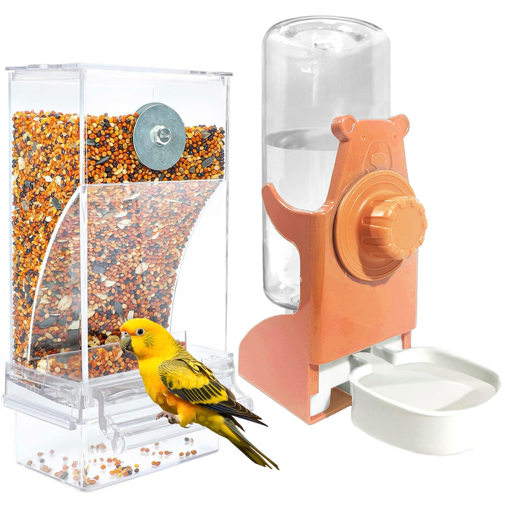 VERTUPET No Mess Bird Feeders with Water Dispenser Automatic Transparent Acrylic Food Container Drinker for Cage Automatic Parrot Feeder Seed Container Cage Accessories (Orange)