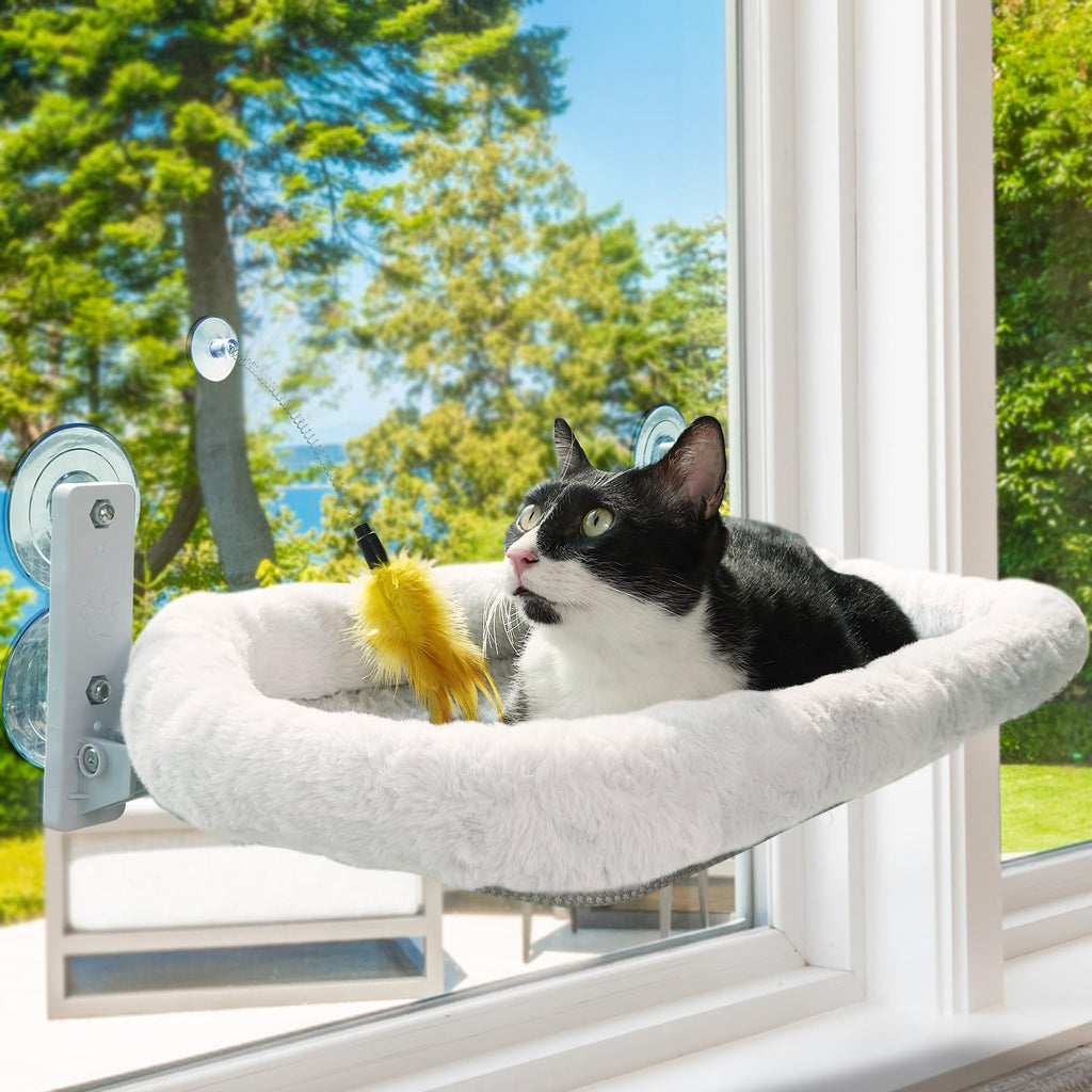CUCOS Cat Window Perch Foldable Cat Hammock for Window Cordless Cat Hammock Window Seat with 4 Strong Suction Cups Solid Metal Frame and Soft Cover Cat Beds for Indoor Cats White