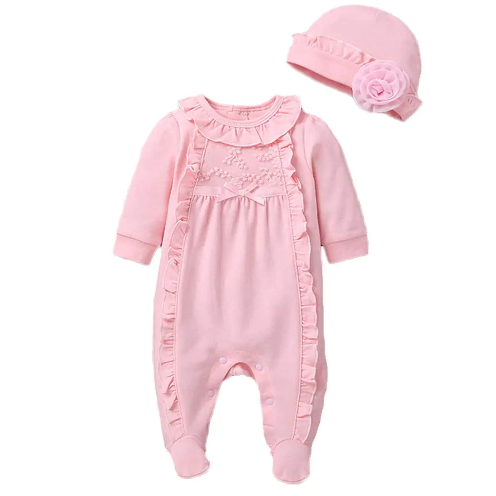 Infant Baby Girl Ruffled Cotton Footies Footed Overall Romper with Hat Toddler Baby Footed Jumpsuit (Pink 3-6M) - My Store