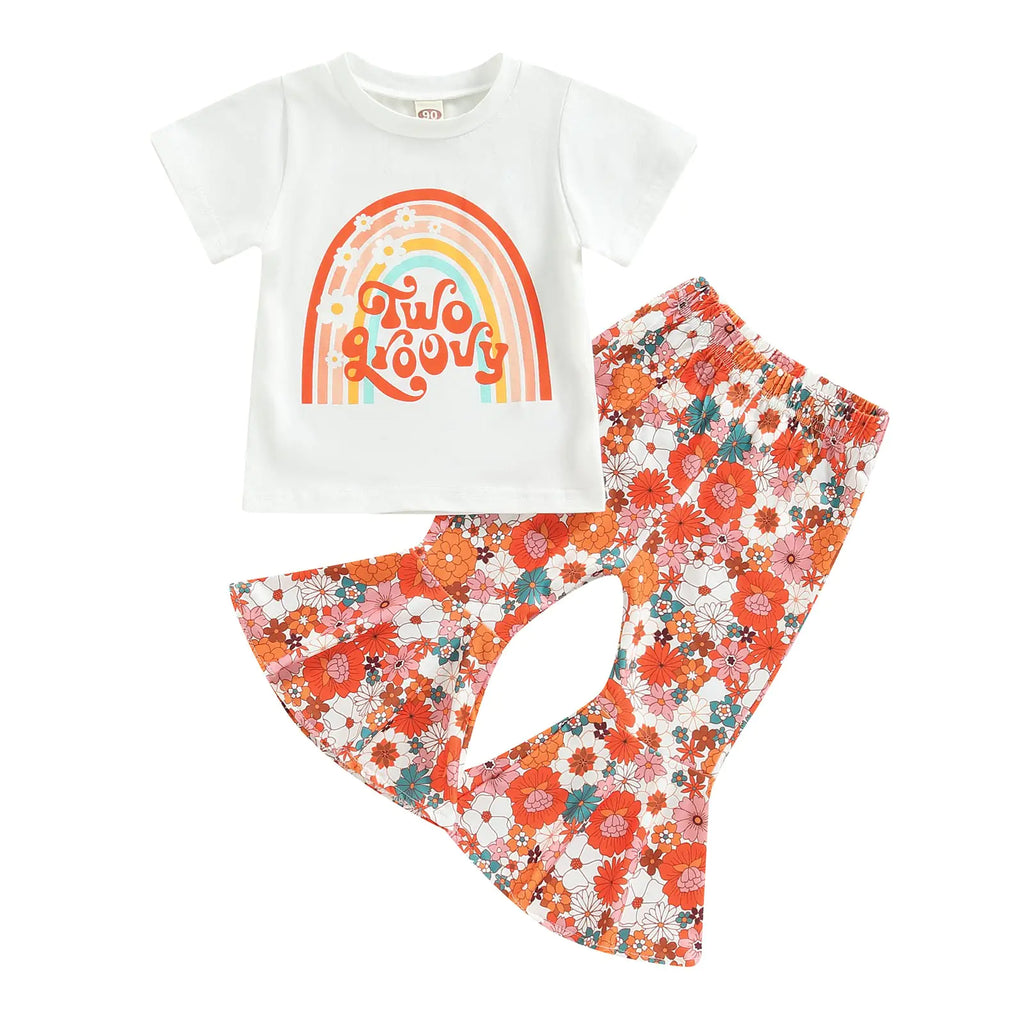 YOKJZJD Toddler Baby Girl Two Groovy Outfits Short Sleeve T-Shirt Tops Flared Bell-Bottom Pants Kids Summer Clothes Set (Orange 1-2 Years) - My Store
