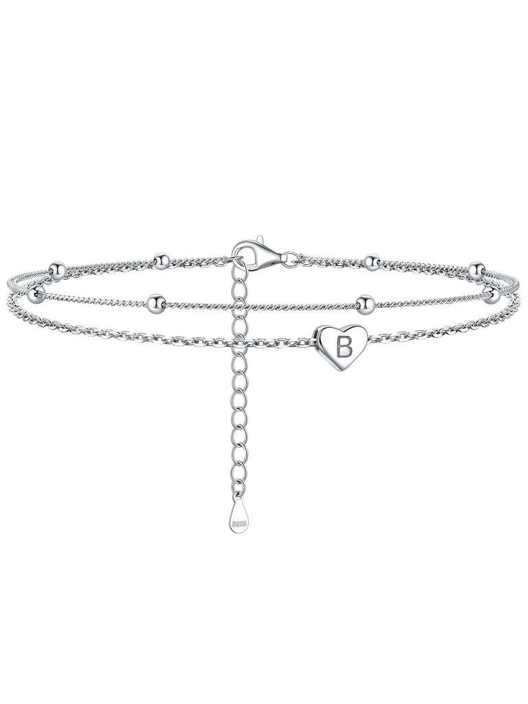 ChicSilver Ankle Bracelets for Women Sterling Silver Beaded Anklets for Women Layered Heart Anklet With Initials