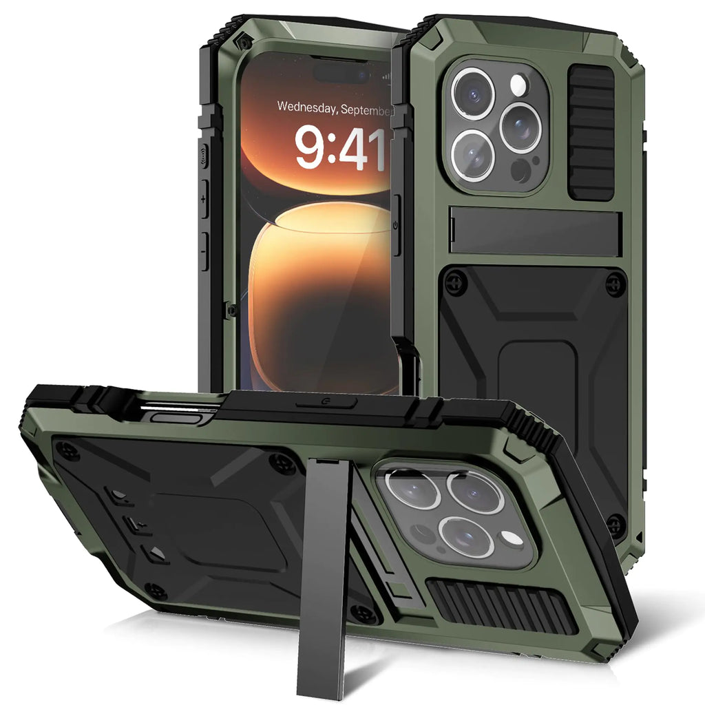FunnyWin Metal Case for iPhone 16 Plus Aluminum Military Grade Armor Rugged Case with Metal Stand Screen Protector Drop Tested Shockproof Dustproof Full Cover case for Man (Green)