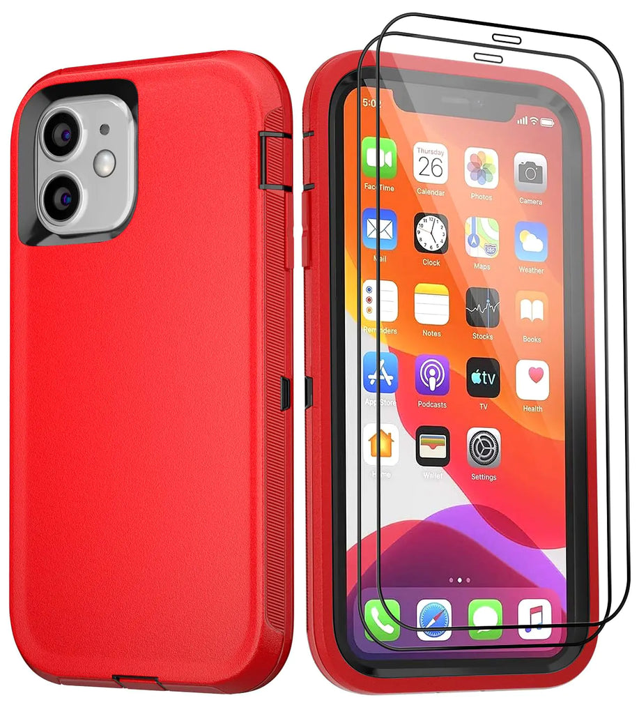 COLDNICE for iPhone 11 Case 6.1" with 2 Screen Protector Tempered Glass Heavy Duty Full Protection Phone Case Military Grade Drop-Proof (Red+Black)