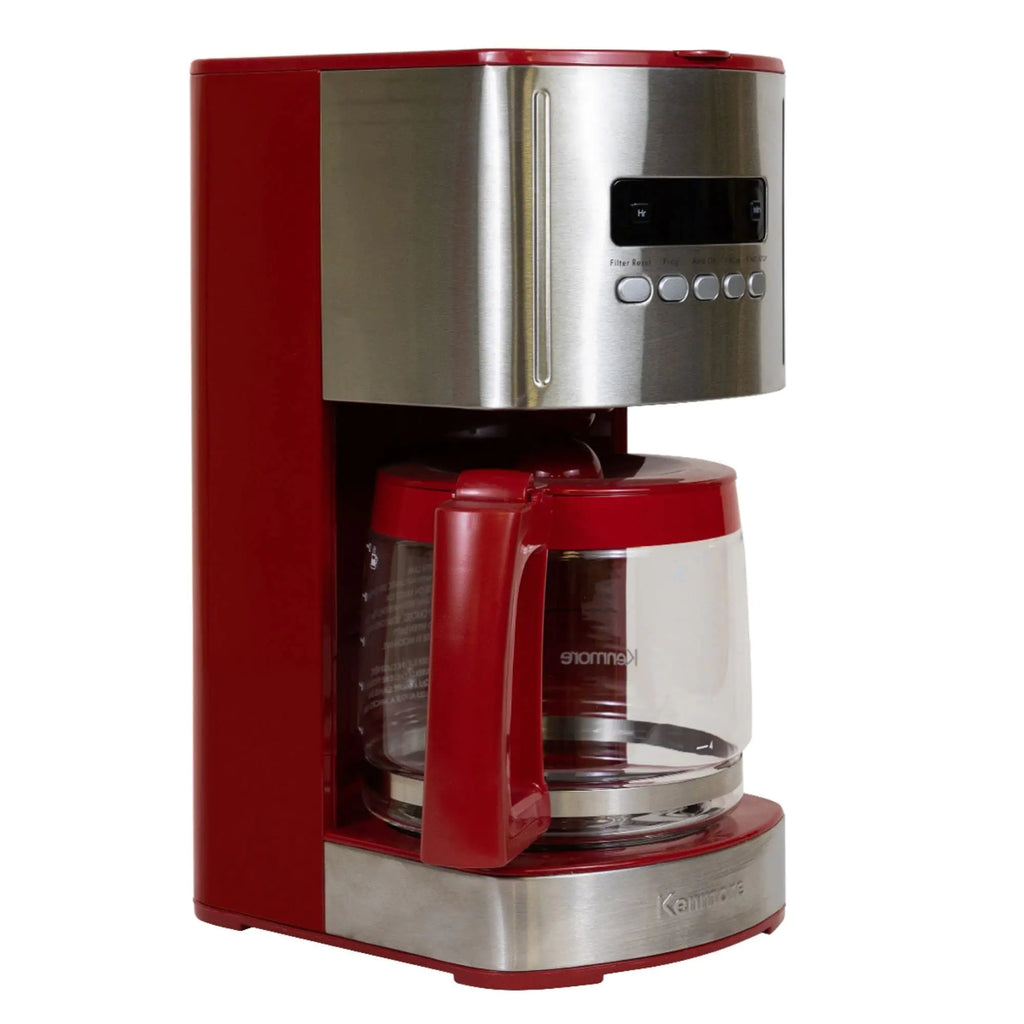 Kenmore Coffee Maker 12 cup Drip Coffee Machine Reusable Filter Programmable Timer Digital Display Aroma Control Glass Carafe Charcoal Water Filter Regular Bold Stainless Steel and Red