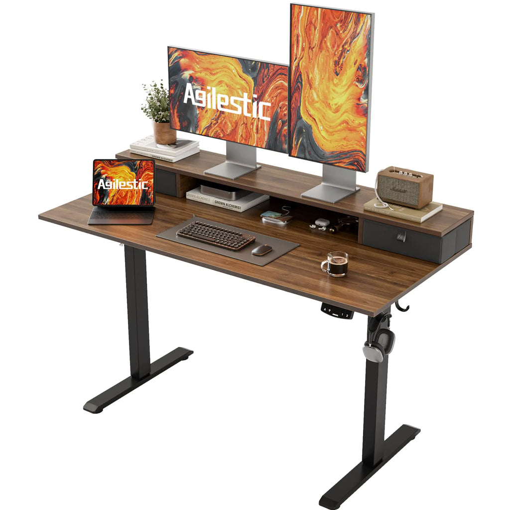 48 x 24 Inches Height Adjustable Electric Standing Desk with 2 Drawers Stand Up Electric Desk Adjustable Height Sit Stand Computer Gaming Table with Splice Board Dark Walnut