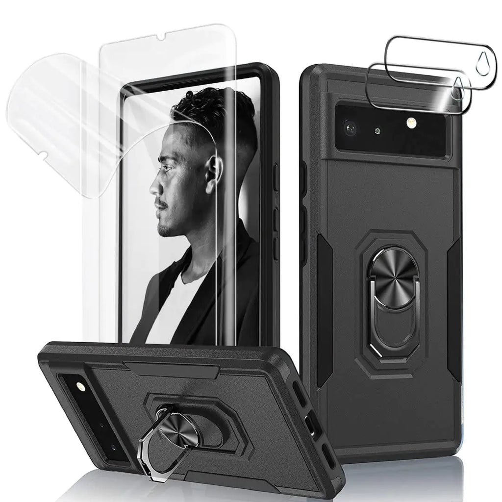 Jeylly Case for Google Pixel 6 Pro with Screen Protector Heavy Duty Shockproof Protection 360 Degree Rotate Ring Stand Fit Magnetic Car Mount Holder Rugged Case for Google Pixel 6 Pro Black