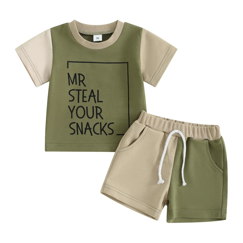 Toddler Baby Boy Summer Outfit Short Sleeve T Shirt Top Casual Shorts Set Infant Newborn Clothes 6 12 18 24 Month 2T (Snacks Green 12-18 Months) - My Store
