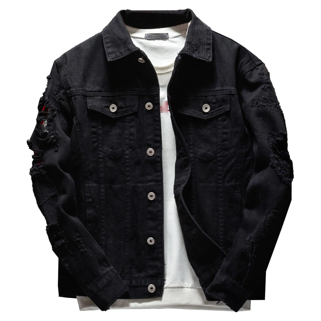 SWJGLITTR Men Button Distressed Denim Jacket Ripped Slim Trucker Jean Jackets Casual Cowboy Cut Biker Coats (LargeBlack)
