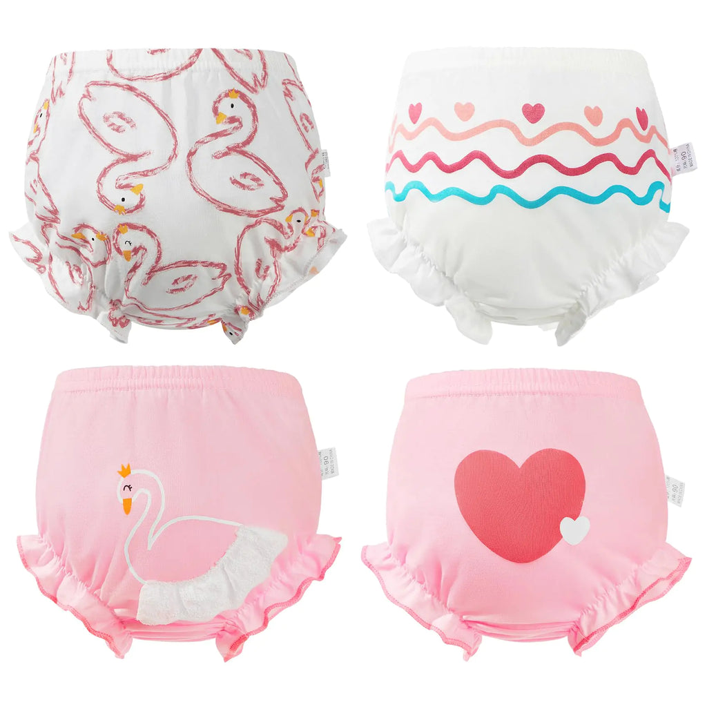 Durio 4Pcs Diaper Covers for Girls Baby Bloomers for Toddler Girls Ruffle Cute Cotton Baby Girl Shorts Toddler Girl Bloomers A Little Swan 4-6 Years