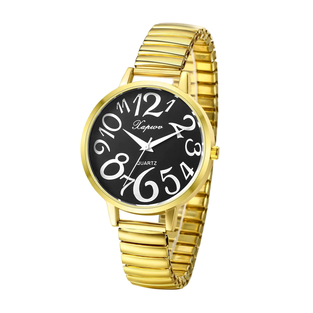 JewelryWe Womens Stretch Band Watch Gold Easy Reader Calendar Quartz Elastic Watch for Christmas