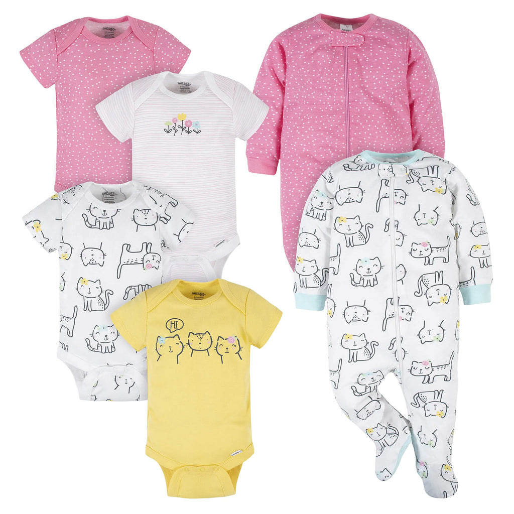 Gerber Onesies Brand Baby 4 Pack Short Sleeve Bodysuit and 2 Pack Sleep N Play Clothing Bundle Pink Cat 3-6 Months - My Store