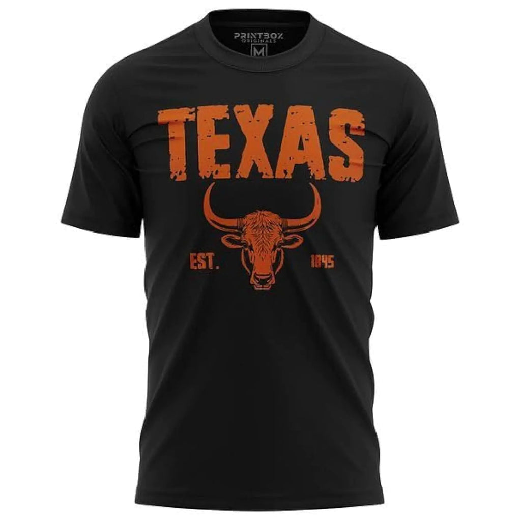Printbox Originals Est 1845 Texas Shirts Longhorn Shirt for Men Football Lonestar State Fan T-Shirt Black