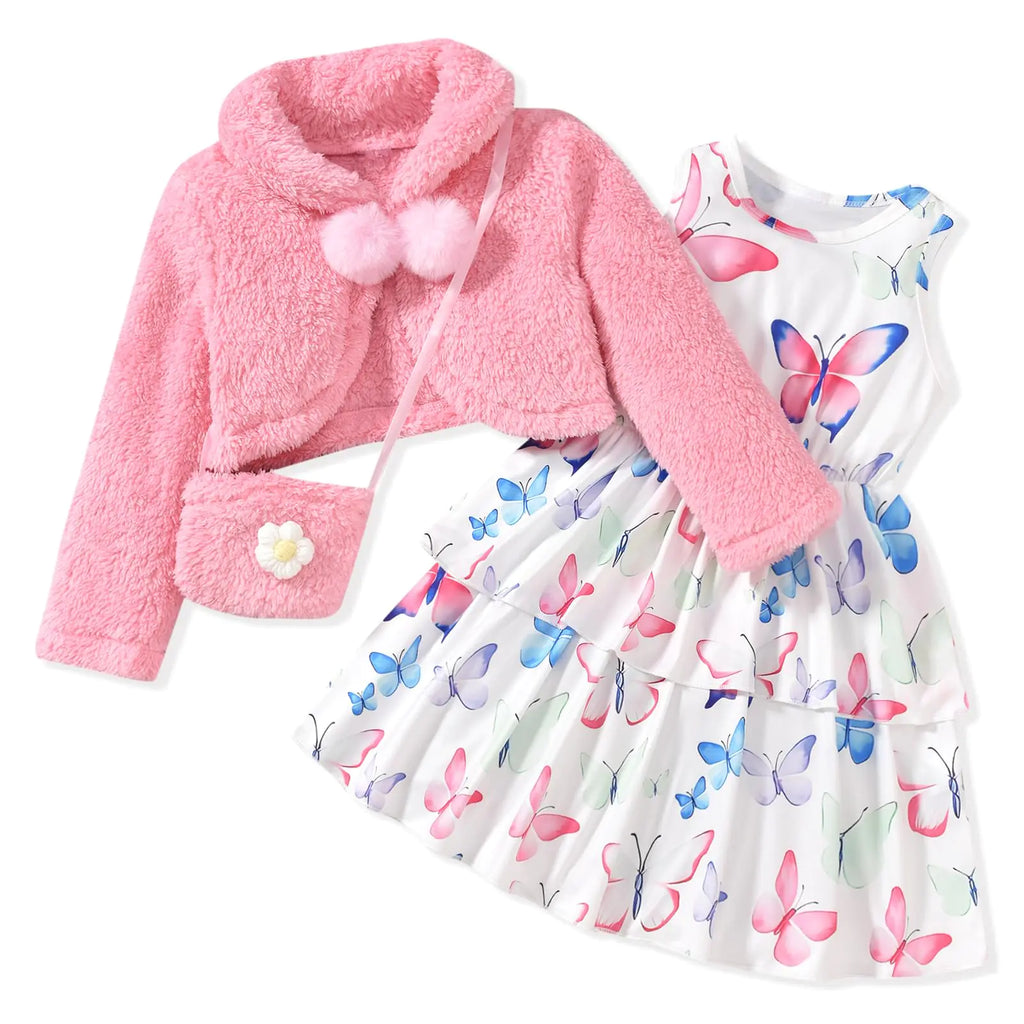 6T Girls Clothes Little Toddler Girl Fall Outfit Butterfly Sleeveless Dress Fluffy Fur Cardigan Set Winter Spring Clothing 6X 6-7 Years Old Pink - My Store