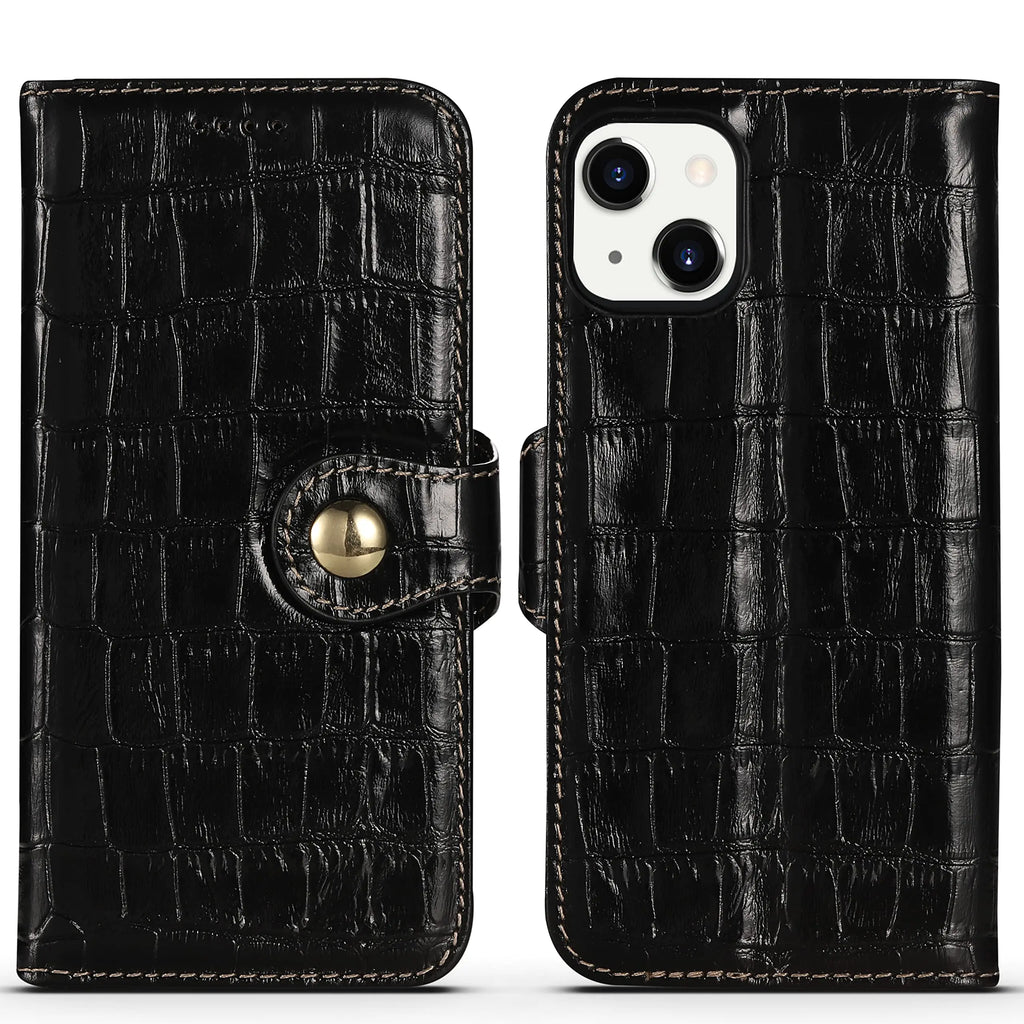 nincyee Genuine Leather Wallet Case for iPhone 13 Pro MaxClassic Crocodile Pattern Real Leather Flip Stand Case Cover with Card Slot Black