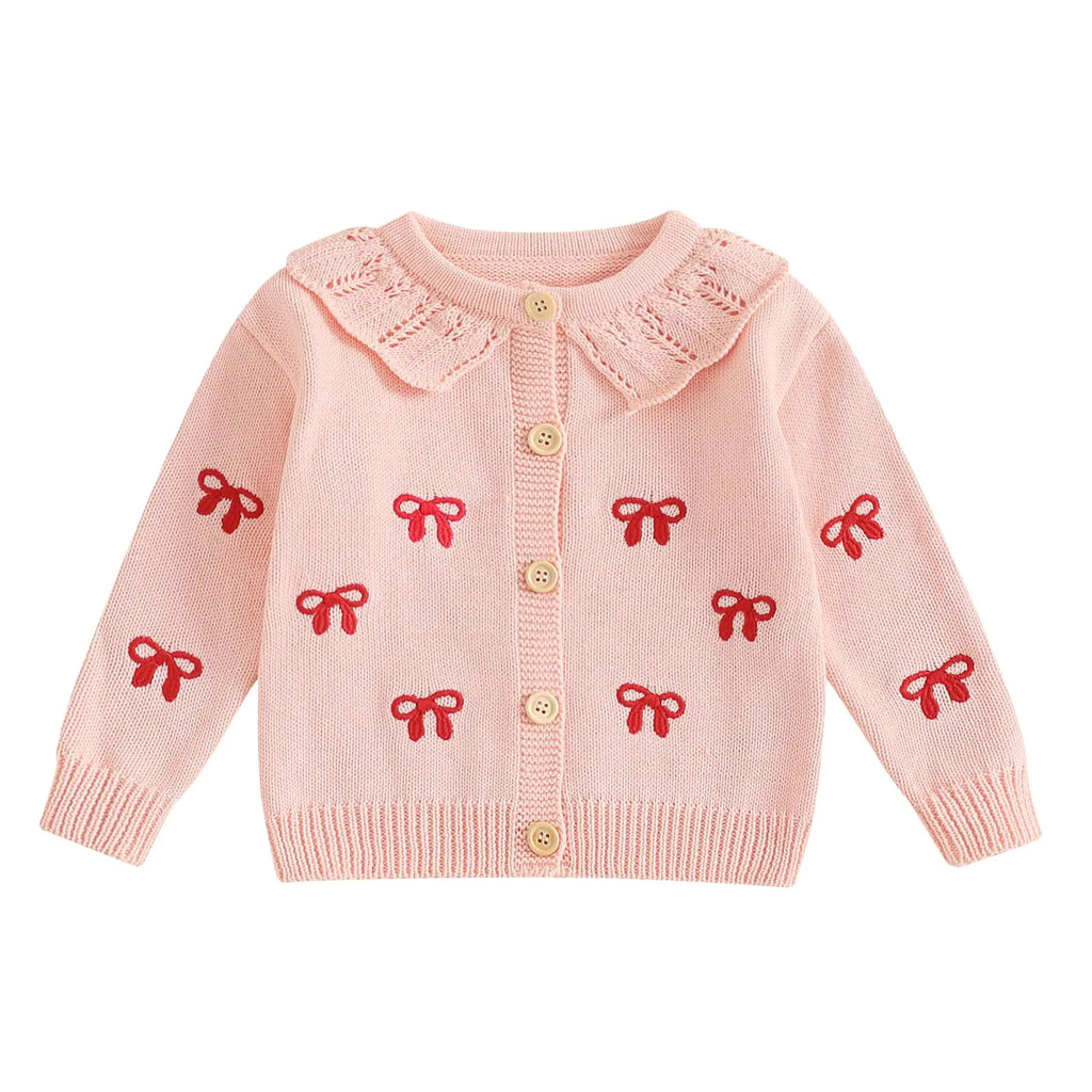Kodaruber Toddler Baby Girl Knit Cardigan Sweater Bow Print Ruffle Long Sleeve Button Down Sweaters Fall Winter Clothes(Pink6-12 Months) - My Store