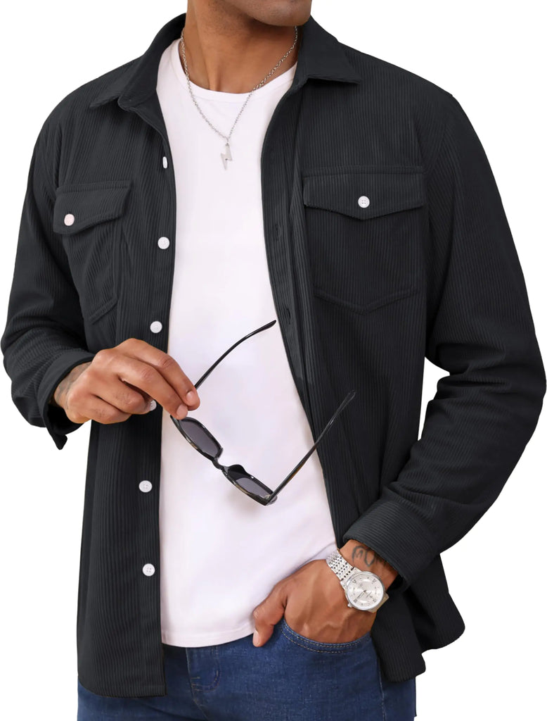 MAGCOMSEN Black Jacket Men Corduroy Long Sleeve Travelling Jacket Fall Soft Lapel Collar Breathable Dailywear Shacket Mens