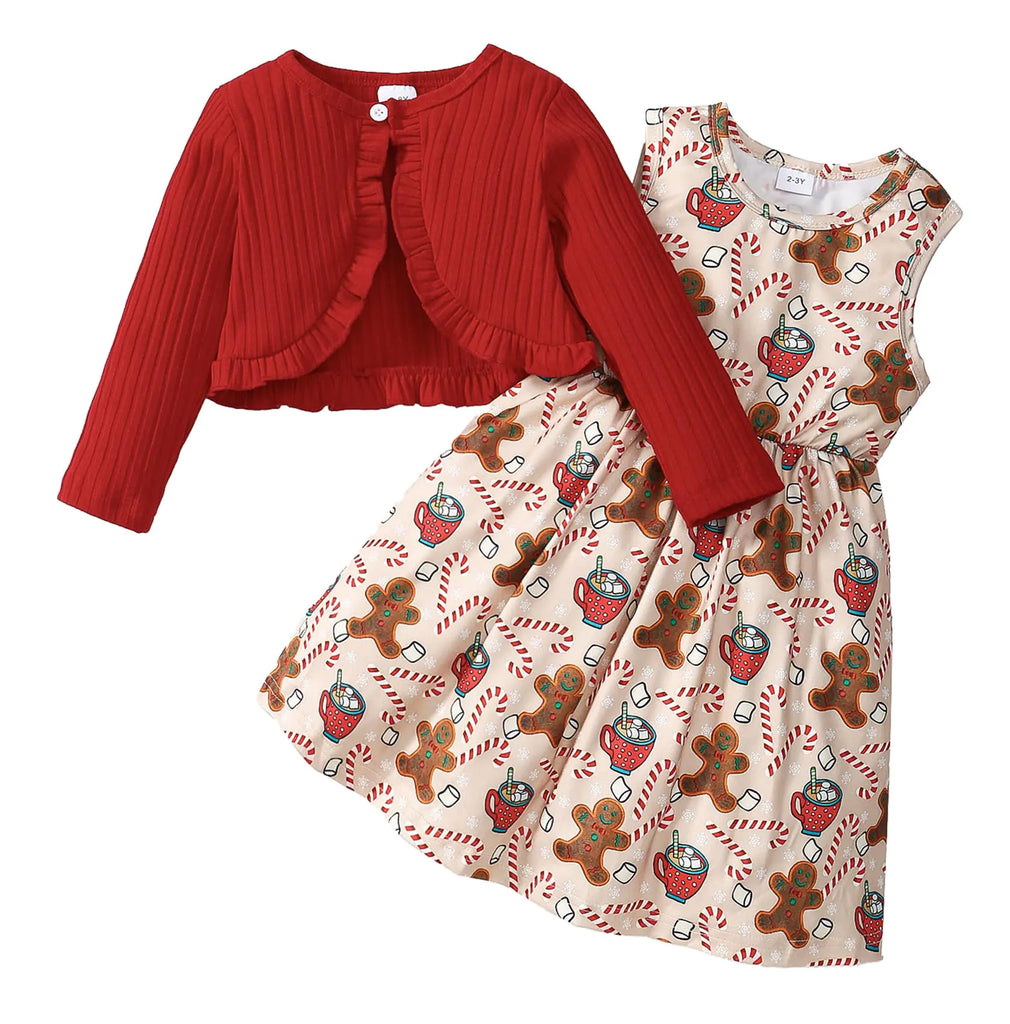 Little Girl Christmas Dress Cardigan 2 Piece Snowman Sleeveless Dress and Cardigan Set 2-9T