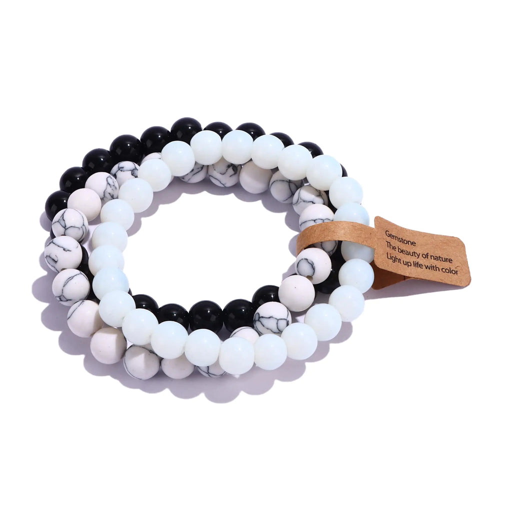 SONNYX 3Pcs 8mm Semi-Precious Gemstones Beaded Bracelets for Women Men Healing Crystal Stone Bracelet Stretch Round Beaded Elastic Bracelets Unisex Jewelry Gifts(White)