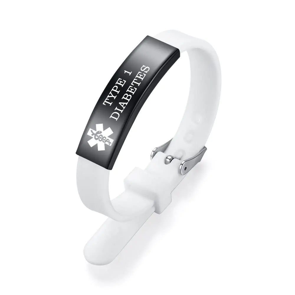 AOAMID Medical Alert Bracelets for Men Women Adjustable Free Engraving Sport Silicone Medical ID Bracelets 7.5 Inches (Small-White-type 1 diabete)