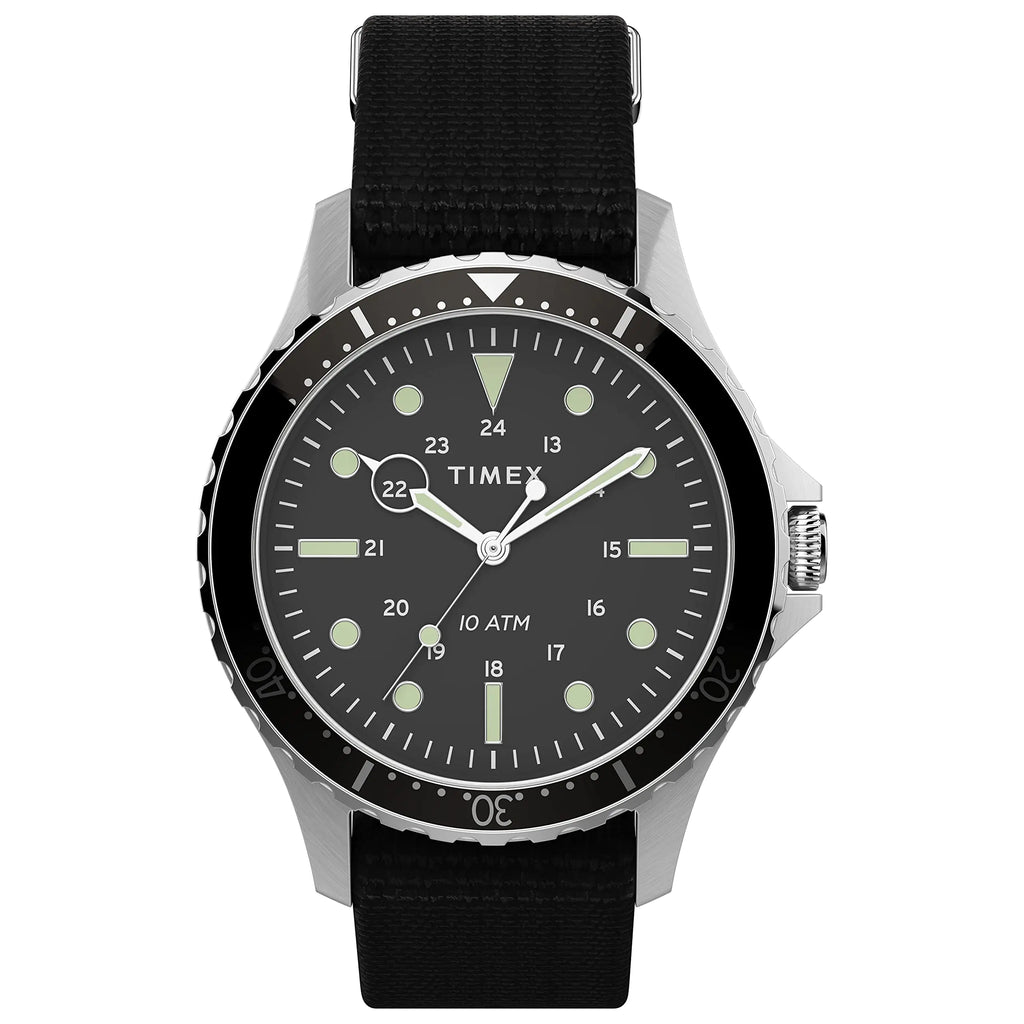 Timex Mens Navi XL 41mm Watch – Stainless Steel Case Black Dial with Black Fabric Slip-Thru Strap