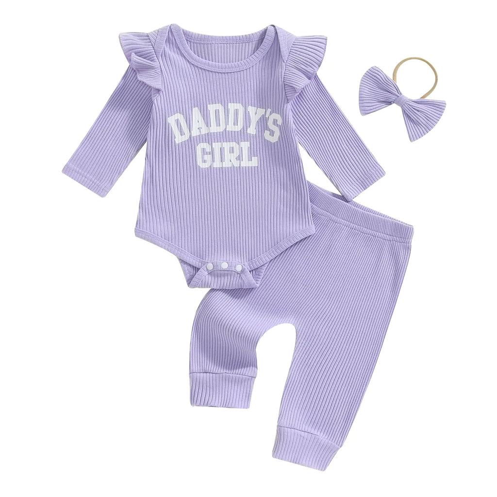 Tsnbre Newborn Baby Girl Outfits Daddys Girls Ruffle Long Sleeve Romper Top Pants Headband Infant Fall Winter Clothes (Purple 0-3 Months) - My Store