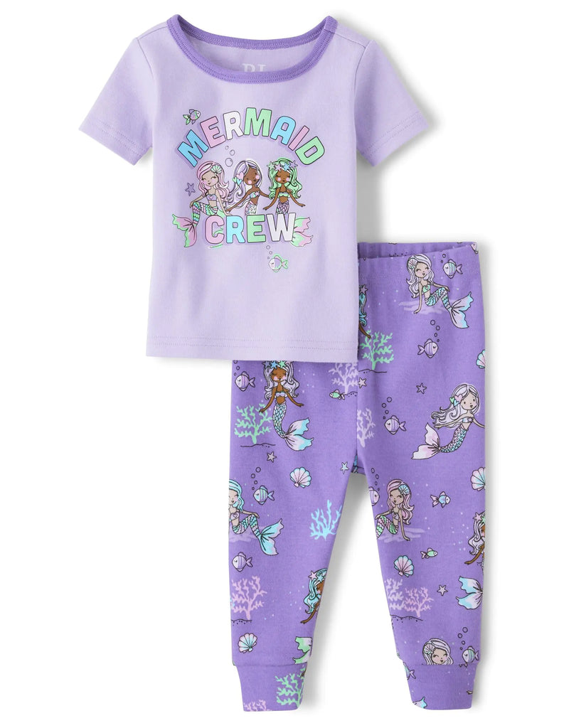 The Childrens Place Baby Girls and Toddler Short Sleeve Top and Pants Snug Fit 100% Cotton 2 Piece Pajama Set Mermaid Crew 5T - My Store