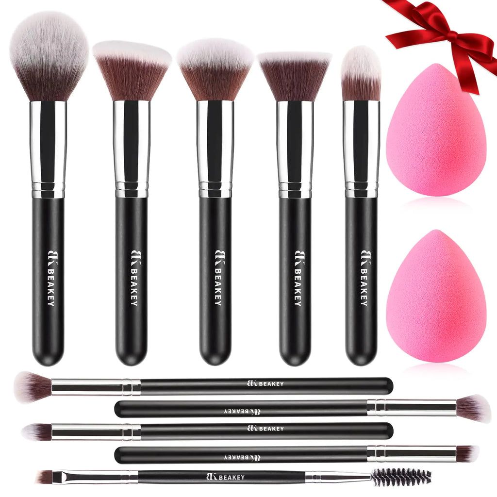 BEAKEY Makeup Brushes Set Professional Foundation Eyeshadow Concealer Blush Powder Bronzer Applicator 2 Blender Sponge wit Beauty Paper Case Valentines Day Gifts for Her