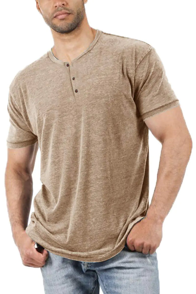 Aoysky Men Short/Long Sleeve T-Shirt Casual Solid Color Button-up Henley Shirt V Neck Tee Tops Khaki