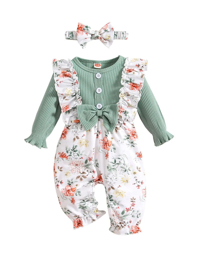 Baby Girl Clothes Romper Long Sleeve Floral Ruffle Suspender Jumpsuit Headband Newborn Infant Girl Spring 2pcs Outfit