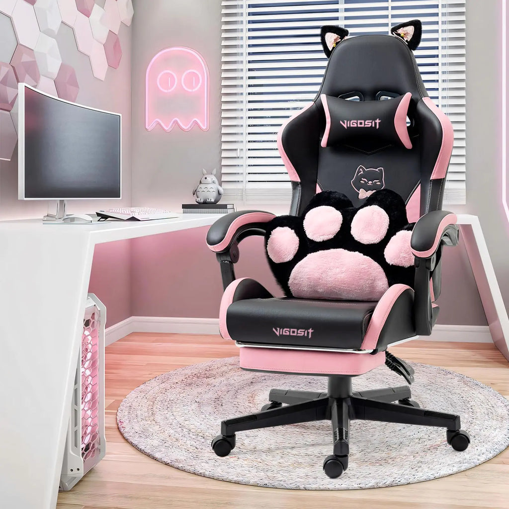 Vigosit Cute Gaming Chair with Cat Paw Lumbar Cushion and Cat Ears Ergonomic Computer Chair with Footrest Reclining PC Game Chair for Girl Teen Black Pink