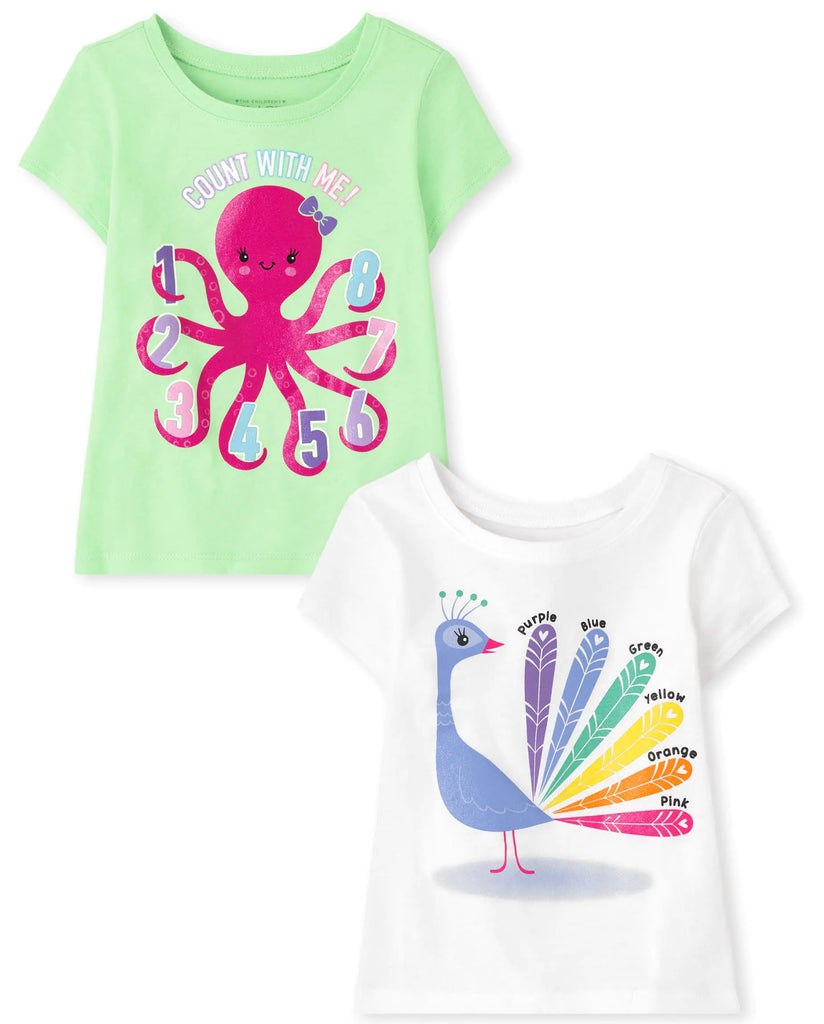 The Childrens Place Baby Toddler Girls Short Sleeve Graphic T-Shirt 2-Pack Peacock/Count with Me 5T - My Store