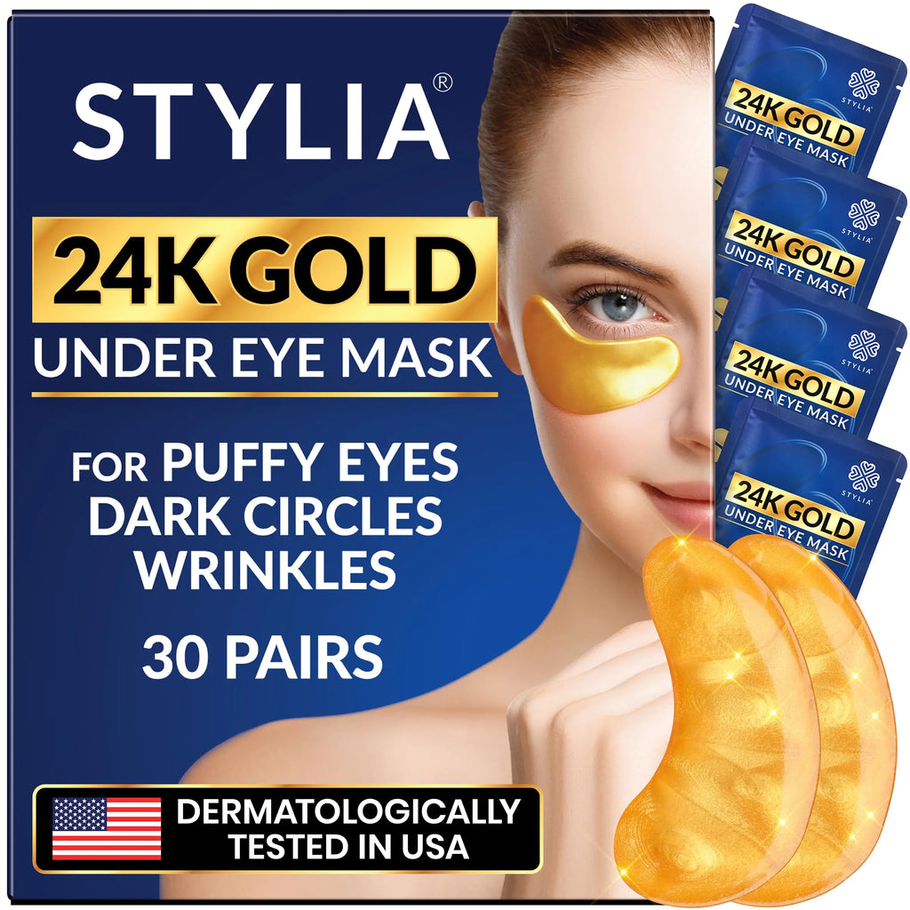 Stylia Under Eye Patches for Dark Circles and Puffy Eyes (30 Pairs) - 24k Gold Collagen Mask with Hyaluronic Acid Eye Masks for Dark Circles and Puffiness Gifts for Women Valentines Day Gifts